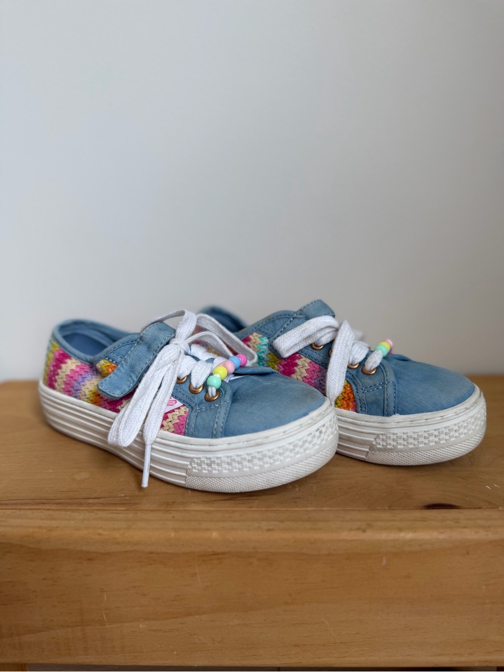 Justice Kids Chambray Sneakers with Rainbow Knit Heel & Beads (Size 13)